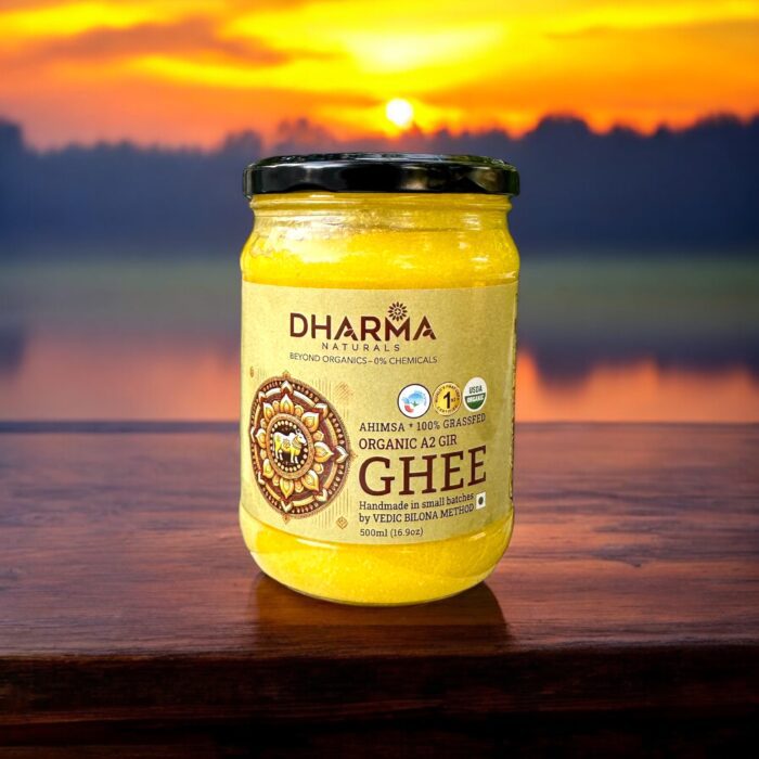 Organic A2 Gir Cow Ghee made using 100% grass-fed cows, Bilona method, and Ahimsa principles. Nutrient-rich and sustainably crafted.