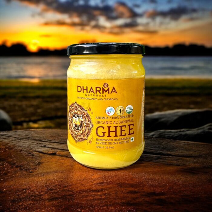 ar of Dharma Naturals Organic A2 Sahiwal Cow Ghee, crafted using traditional Bilona method, sourced from grass-fed Sahiwal cows, rich in Omega-3s, CLA, and vitamins A, D, E, and K.