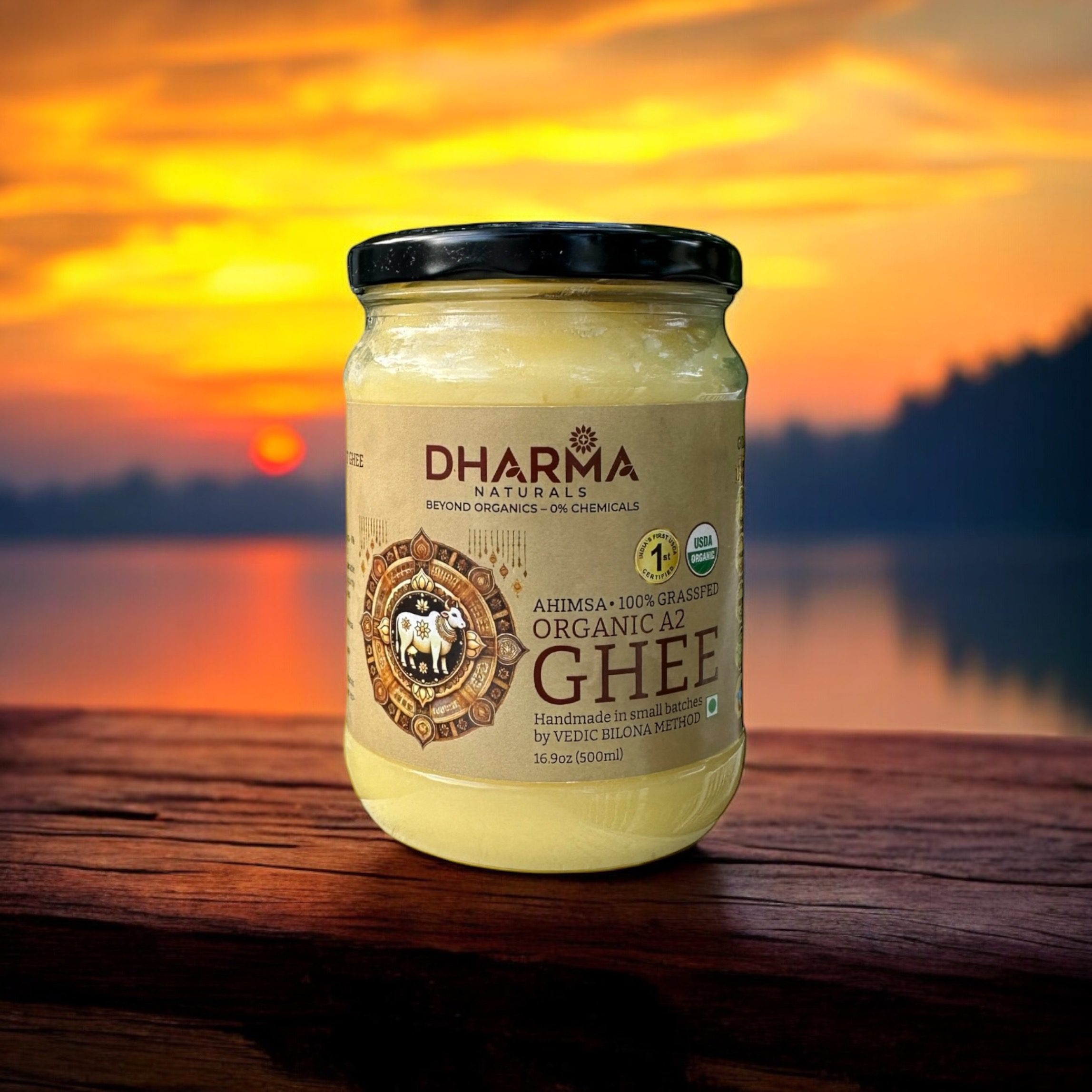 Jar of Dharma Naturals Organic A2 Ghee made using grass-fed cows, Bilona method, and Ahimsa principles, rich in Omega-3, CLA, and vitamins